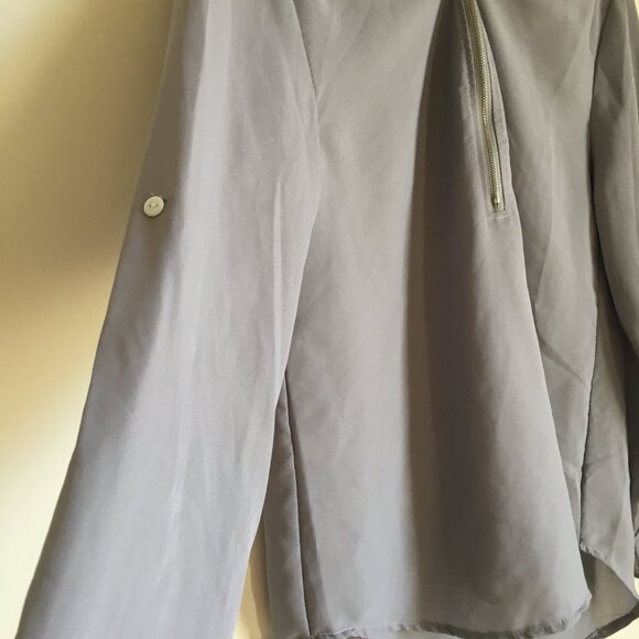 Grey Semi Sheer Lightweight Zip Collar Droptail Hem Blouse - Picture 6 of 16